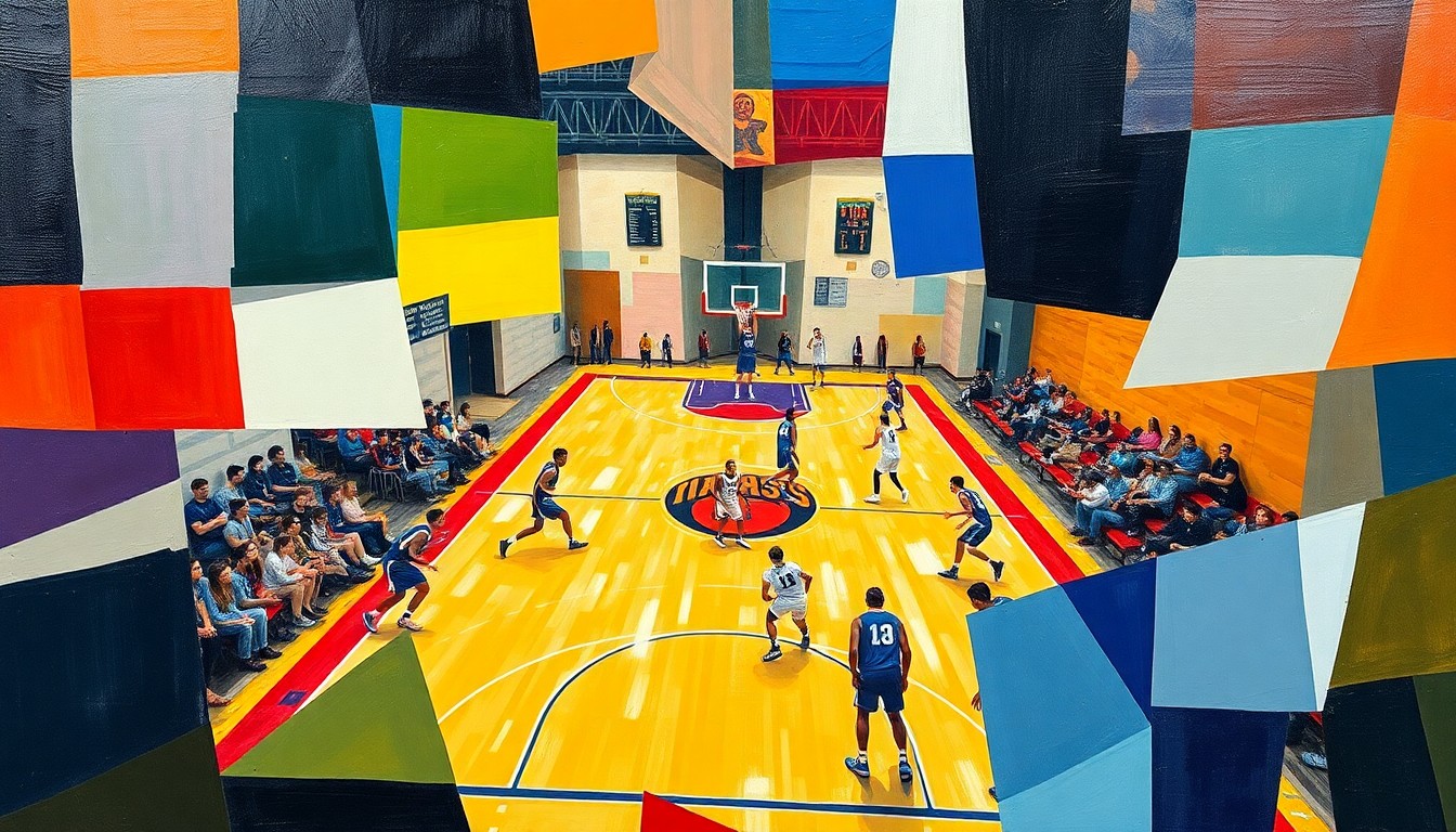 A fragmented, geometric painting depicting a high school basketball game, with sharp planes of color representing the players, court, and crowd. The abstract style captures the energy and movement of the sport.