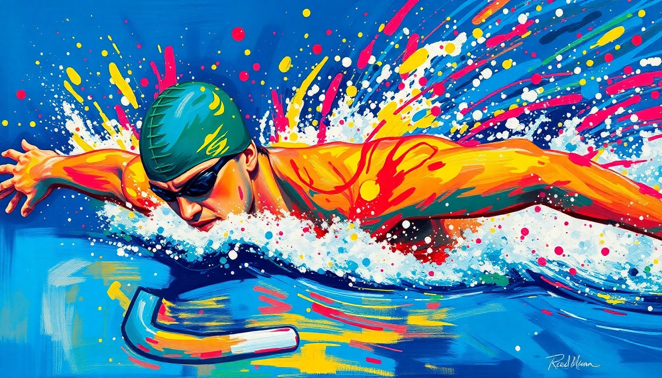 An abstract expressionist painting in vibrant neon colors, capturing the dynamic motion and energy of a swimmer mid-stroke, their face and details dissolving into a blur of rapid brushstrokes.