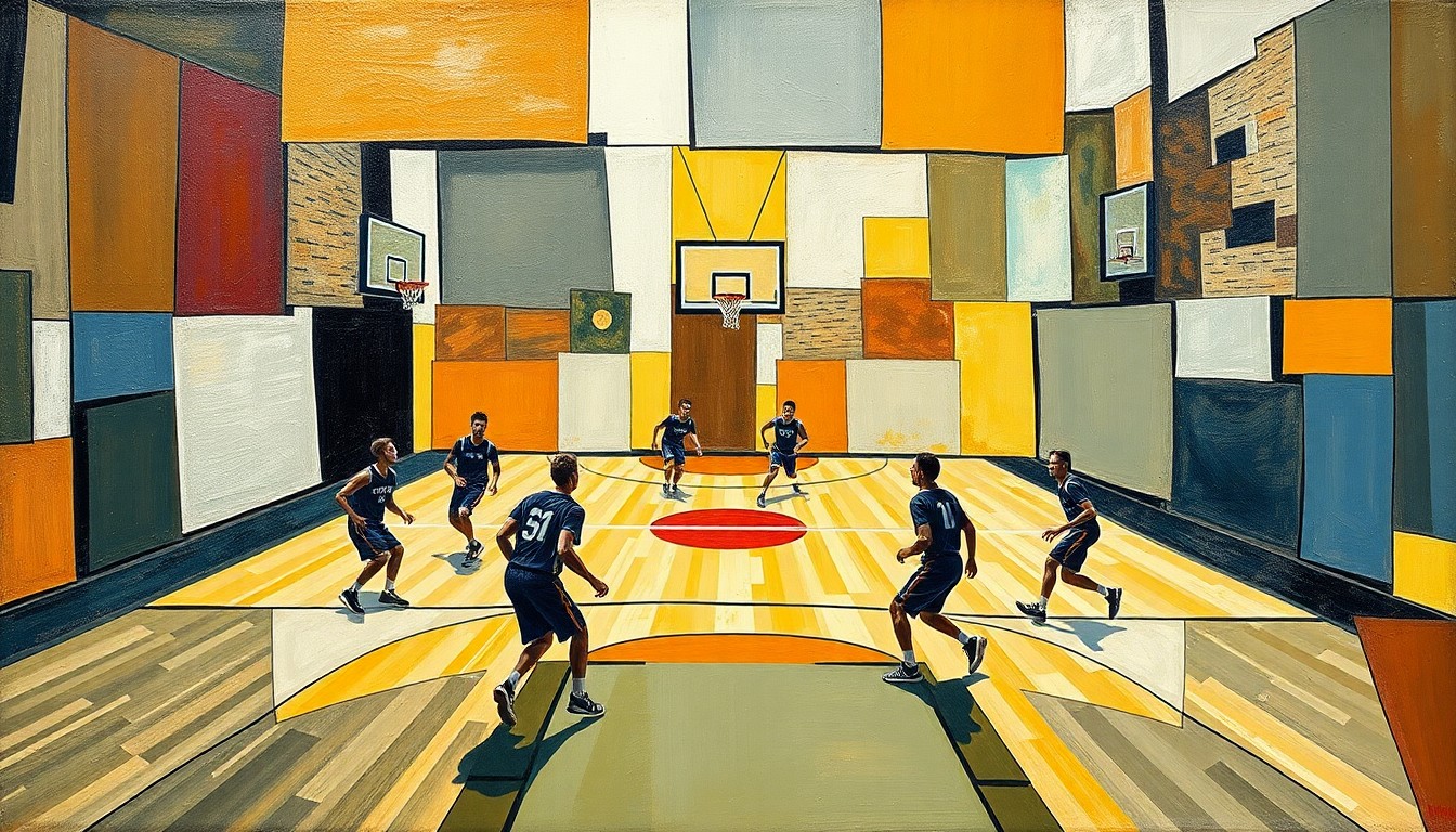 An abstract, cubist-style painting featuring sharp, overlapping geometric shapes and planes that deconstruct the movements and action of a high school basketball game into an energetic, fragmented composition.