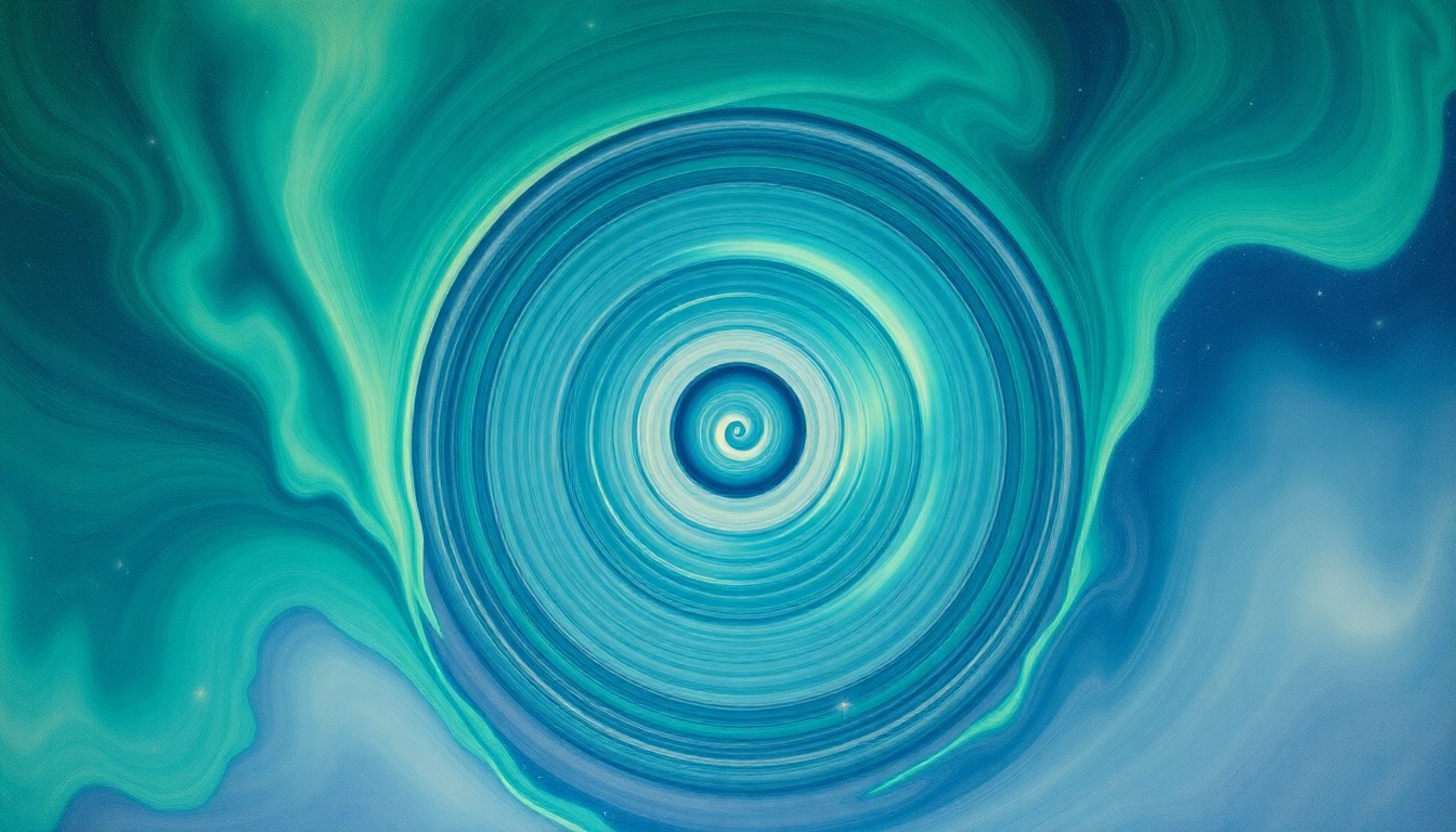 A bold, abstract painting in muted shades of green, blue, and violet, featuring sweeping geometric arcs, concentric circles, and precise spiral patterns that evoke the dynamic energy and natural order of the northern lights.