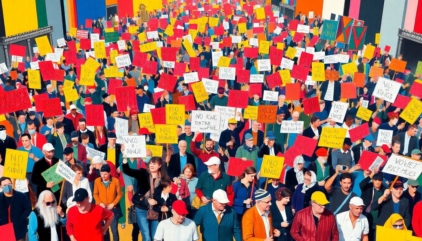 A dynamic, abstract painting of a large crowd of protesters marching, the figures repeated in overlapping, geometric waves of bright primary colors and bold brushstrokes, conveying the energy and momentum of the demonstrations.