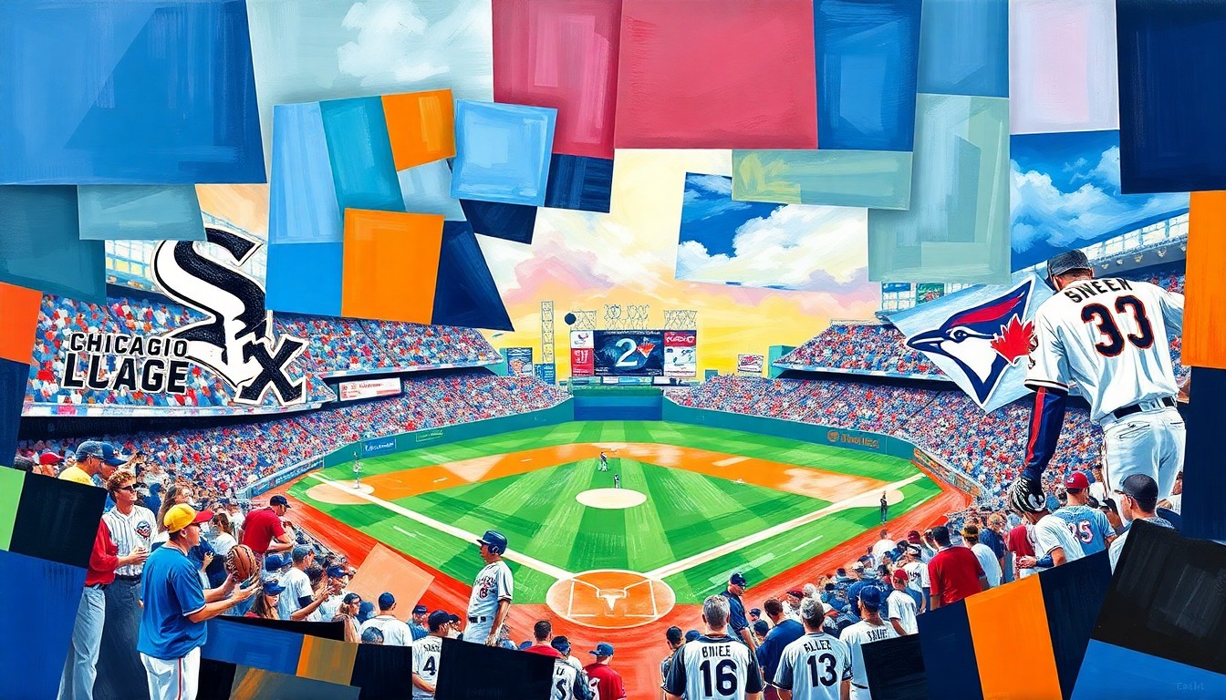 A fragmented, geometric painting depicting a baseball game, with sharp planes of color representing the uniforms of the Chicago White Sox and Toronto Blue Jays, capturing the raw energy and potential of two Japanese power hitters.