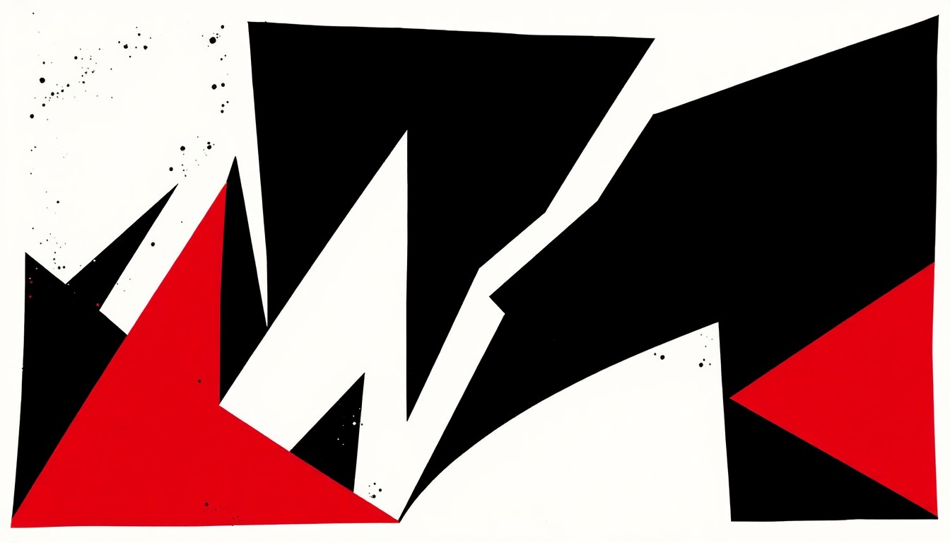 A minimalist, abstract composition of bold, angular shapes in black, white, and red, conveying a sense of creative tension and artistic rivalry.