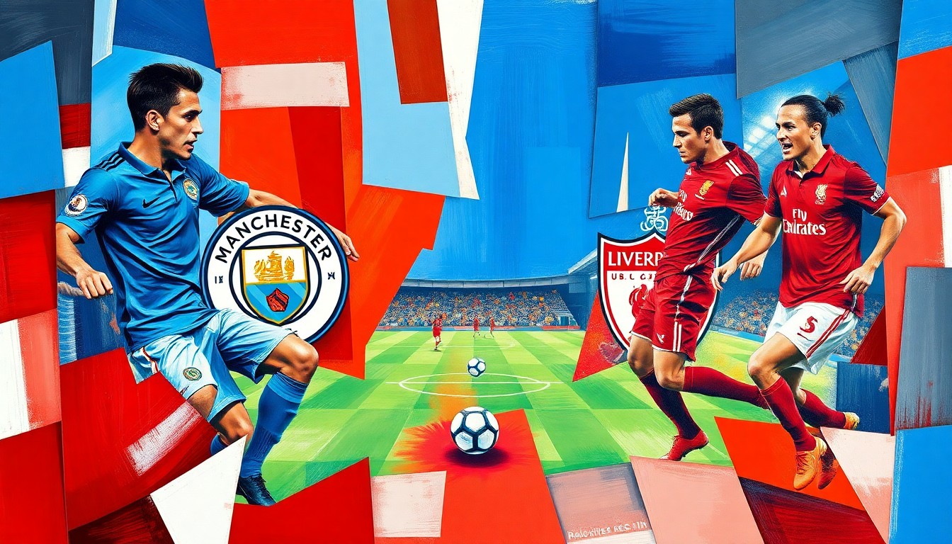 A fragmented, geometric painting in bold blues, reds, and whites, capturing the dynamic movement and competitive energy of a soccer match between two top Premier League teams.