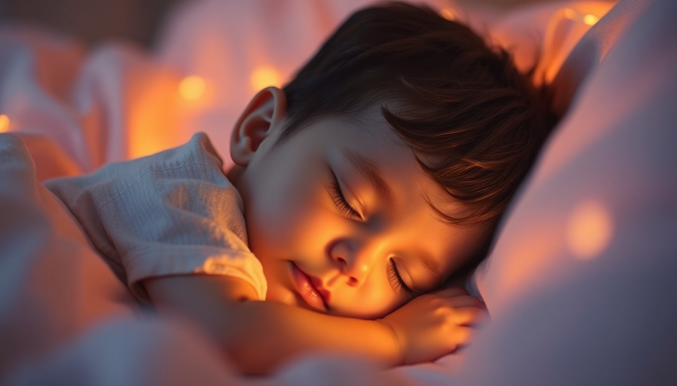 An extremely abstracted, out-of-focus photograph in soft, warm tones depicting a peaceful, intimate scene of a young child sleeping, surrounded by blurred, glowing light, conceptually representing the memory and legacy of a life cut short.
