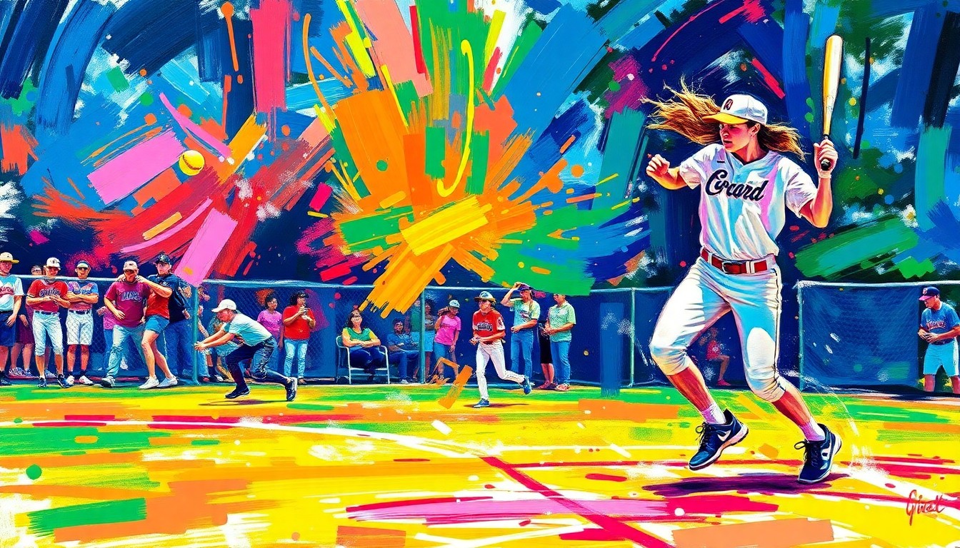An abstract expressionist painting in a vibrant, energetic style, with neon splashes of color representing the back-and-forth momentum and excitement of a college softball game.