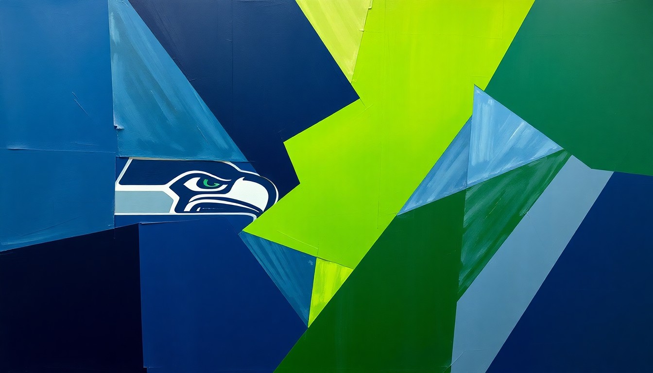 A cubist, geometric illustration depicting a Seahawks running play, with sharp, overlapping shapes in navy blue, lime green, and silver representing the movement and energy of the game.