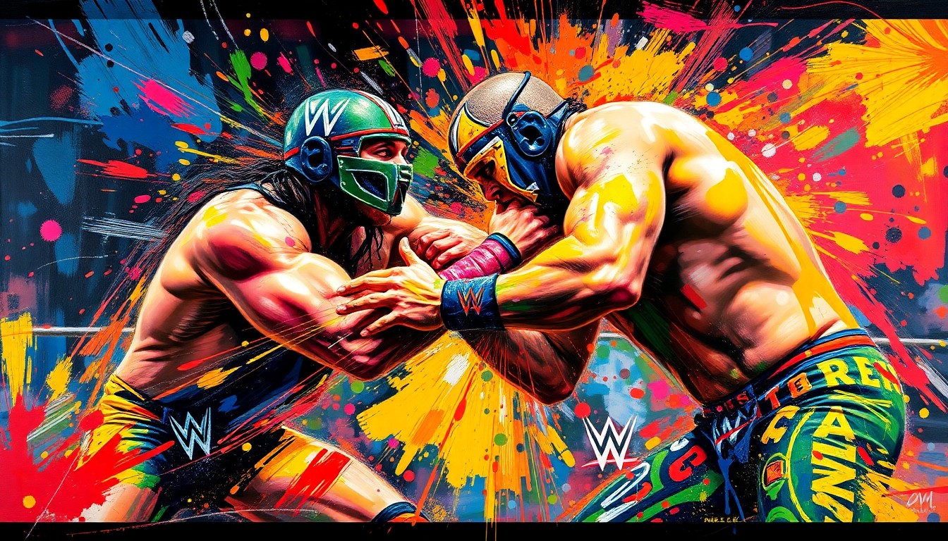 An extreme close-up of two wrestlers grappling with each other, their faces and uniforms blurred into a vibrant, expressionistic painting of neon colors and rapid brushstrokes, capturing the raw energy and intensity of the match.