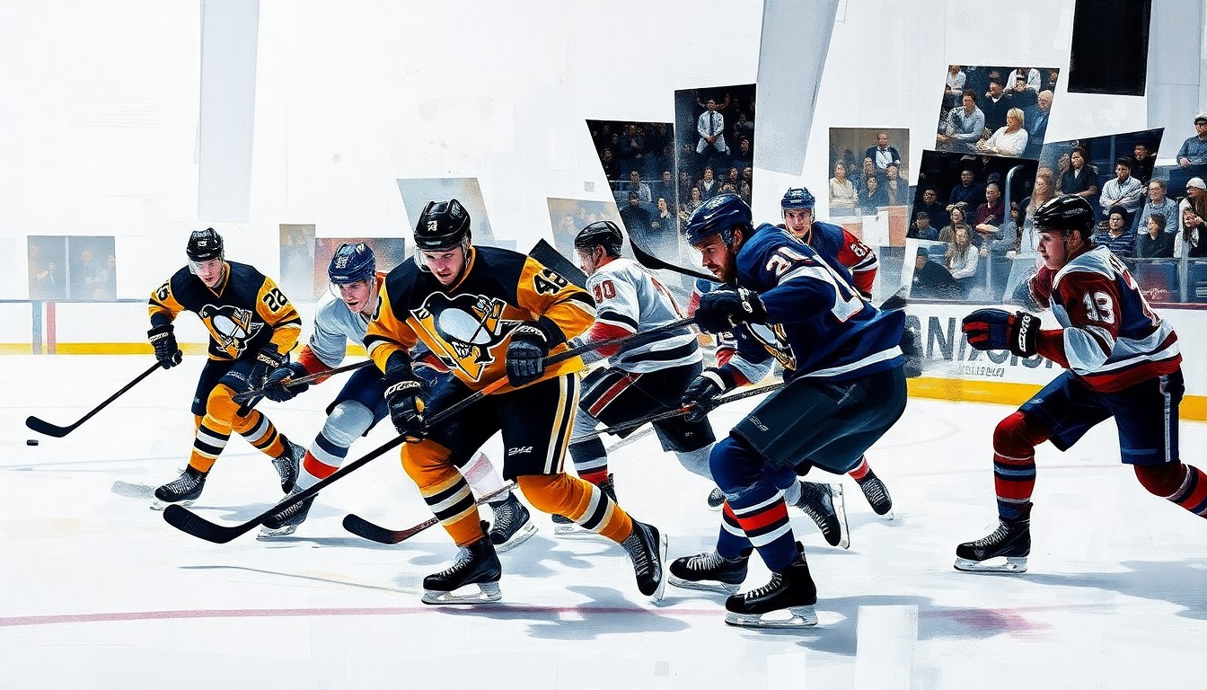 A fractured, cubist-style painting depicting the dynamic action of a hockey game between the Pittsburgh Penguins and New York Islanders, with the players' movements and the ice surface broken down into sharp, overlapping geometric shapes and planes.