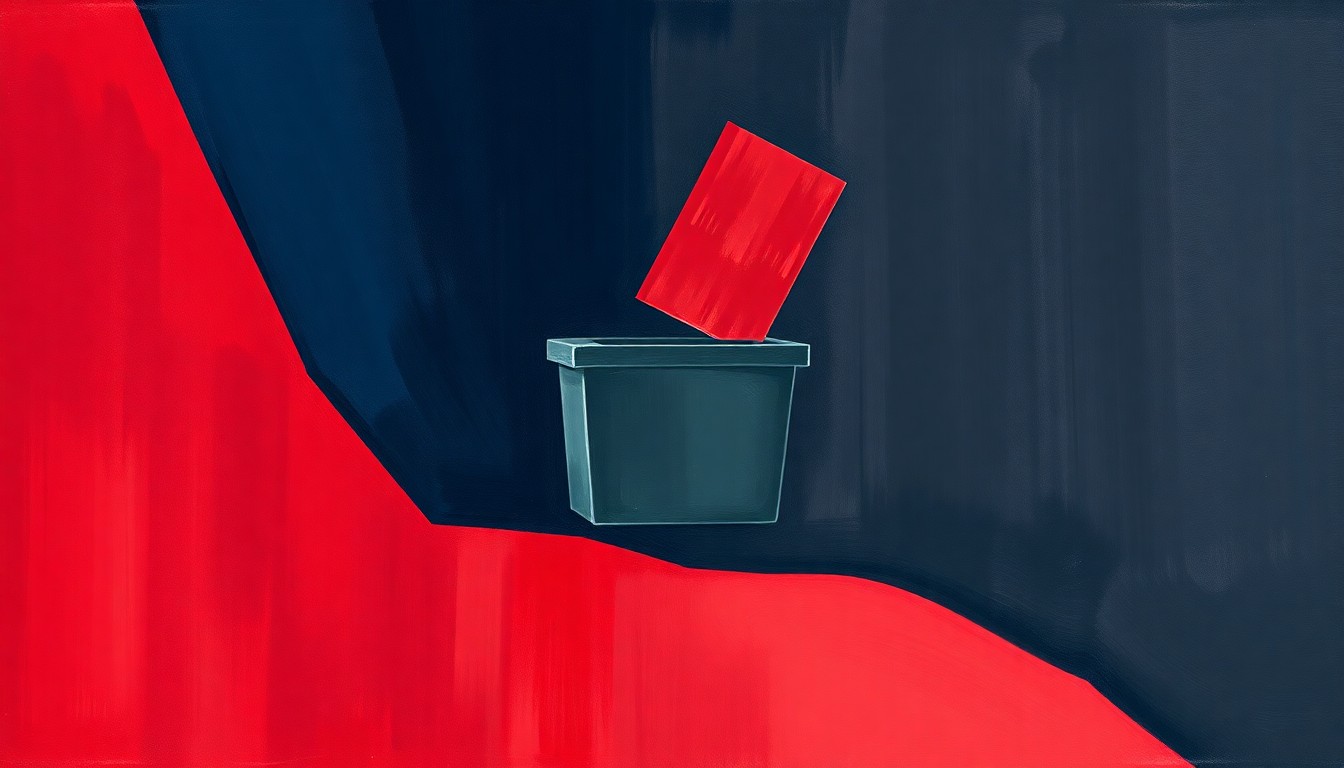 An abstract, fragmented painting in shades of red, blue, and grey depicting a voting booth or ballot box, conveying the heated political debate around abortion rights.