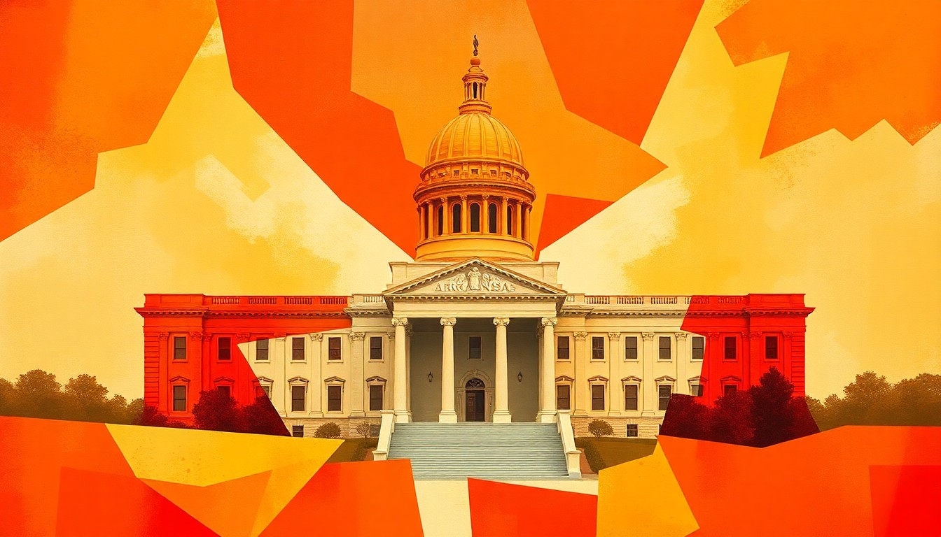 A vibrant, abstract painting featuring overlapping geometric shapes and brushstrokes in warm tones of orange, red, and yellow, conceptually representing the turbulent political climate within the Arkansas Republican Party.