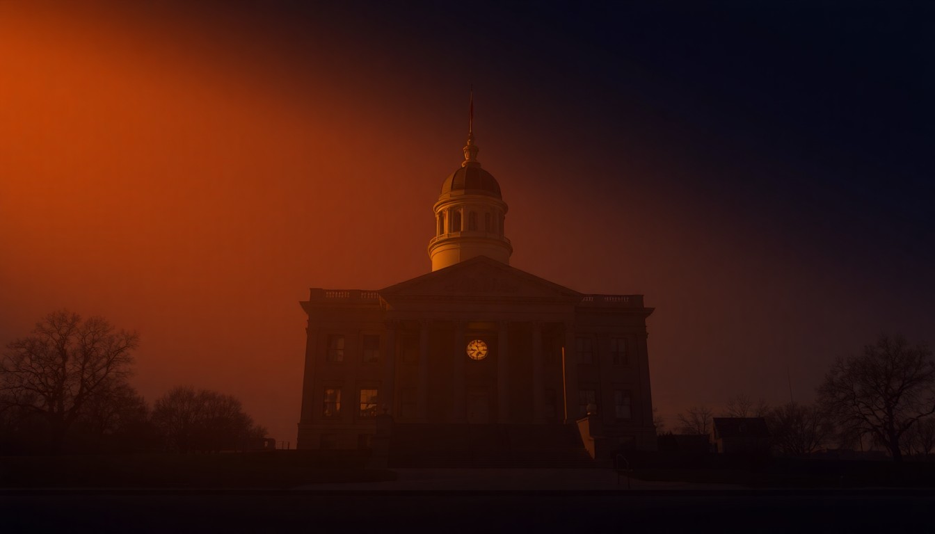 A dimly lit, solitary government building in Pierre, South Dakota, bathed in warm, diagonal sunlight and deep shadows, conveying the contemplative mood of the legislature's final day.