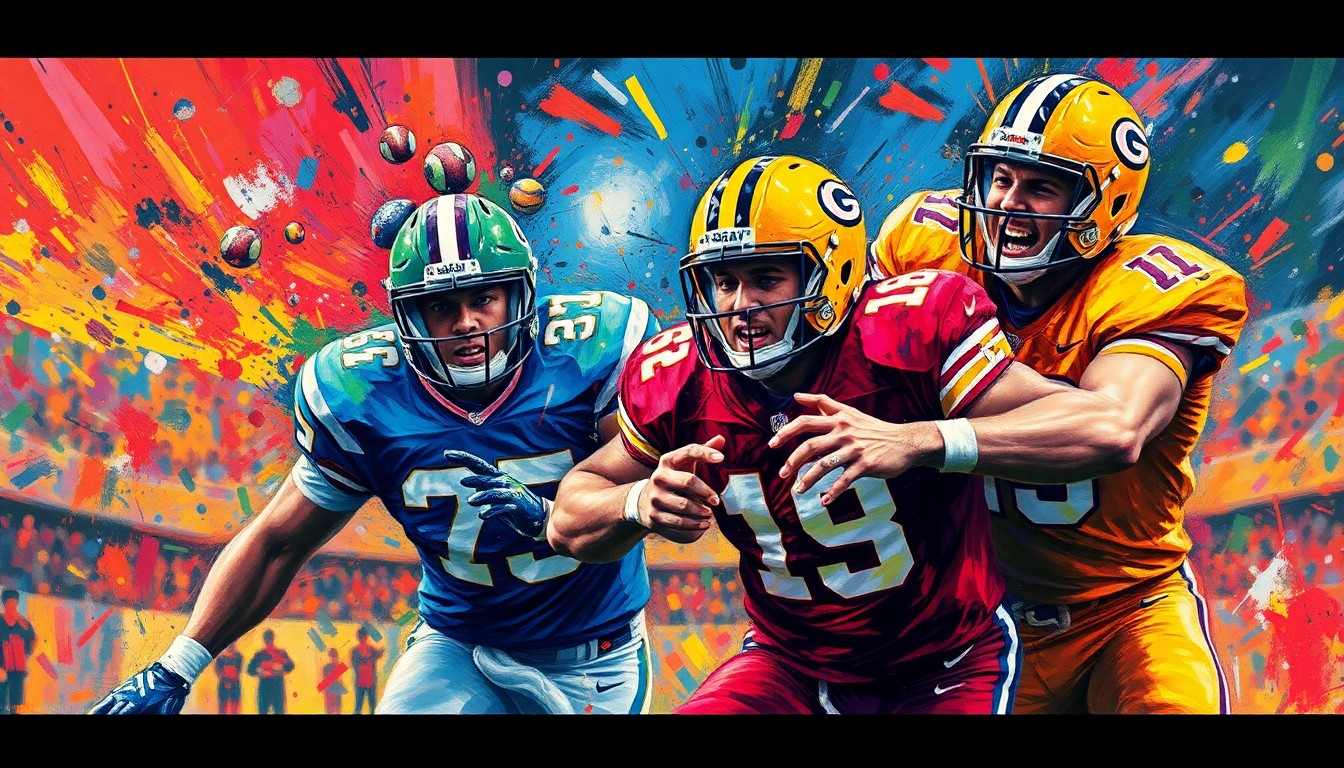 An abstract, energetic painting in neon colors depicting the chaos and intensity of a high-stakes football match, with players' forms blending into the background through expressive brushstrokes.