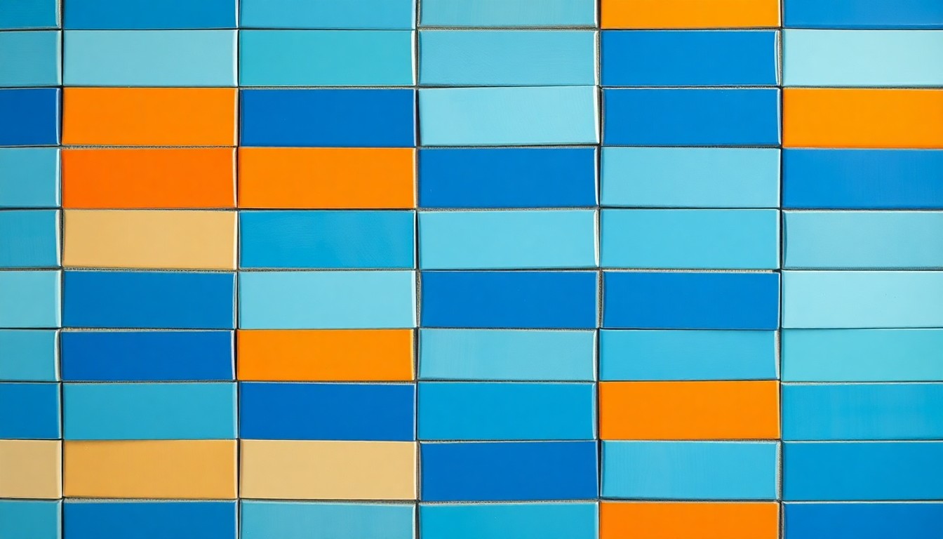 A vibrant, abstract grid of blue bathroom tiles in various shades, capturing the diverse home improvement offerings at the Vermont Home Show.