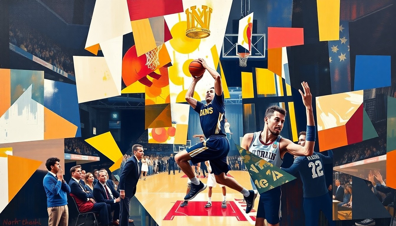 A fractured, geometric painting depicting a basketball game, with the player Hannah Hidalgo as the central focus, surrounded by overlapping planes of color and movement, conveying the energy and intensity of the matchup.
