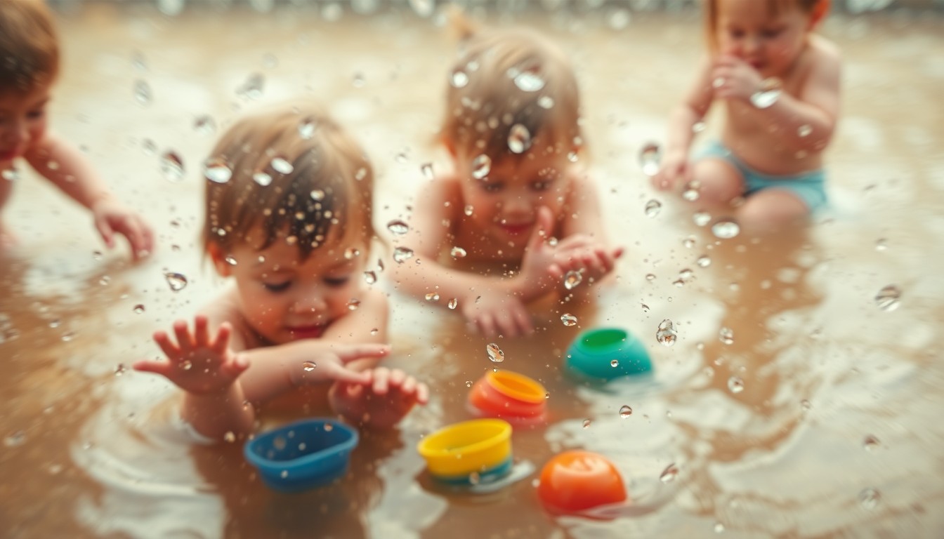 An abstract, impressionistic image of blurred children's hands and toys interacting with water, captured through a rain-streaked lens in soft, warm tones, conveying the playful and educational nature of the library's upcoming event.