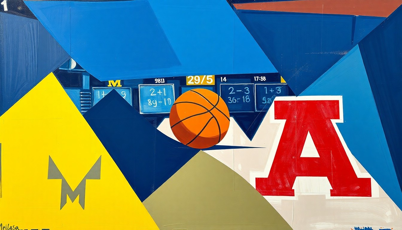 A fragmented, cubist-style painting depicting the action of a college basketball game, with sharp geometric shapes and planes of navy blue, maize yellow, and cardinal red representing the players, court, and crowd in a conceptual, abstract manner.
