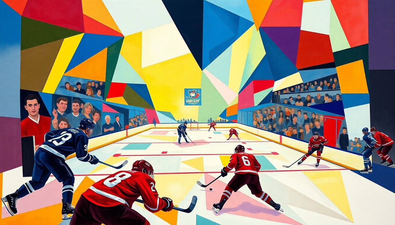 A cubist, geometric painting depicting a hockey game, with sharp, overlapping planes of color representing the players and the action on the ice. The vibrant colors used reflect the official team colors of the home and away teams involved in the game.