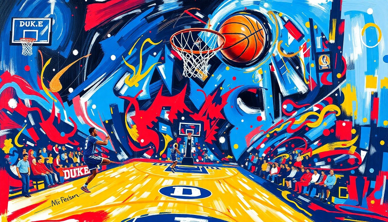 A cubist, geometric painting depicting the final seconds of a basketball game, with the ball arcing towards the hoop in a swirl of vibrant blue, red, and gold colors.