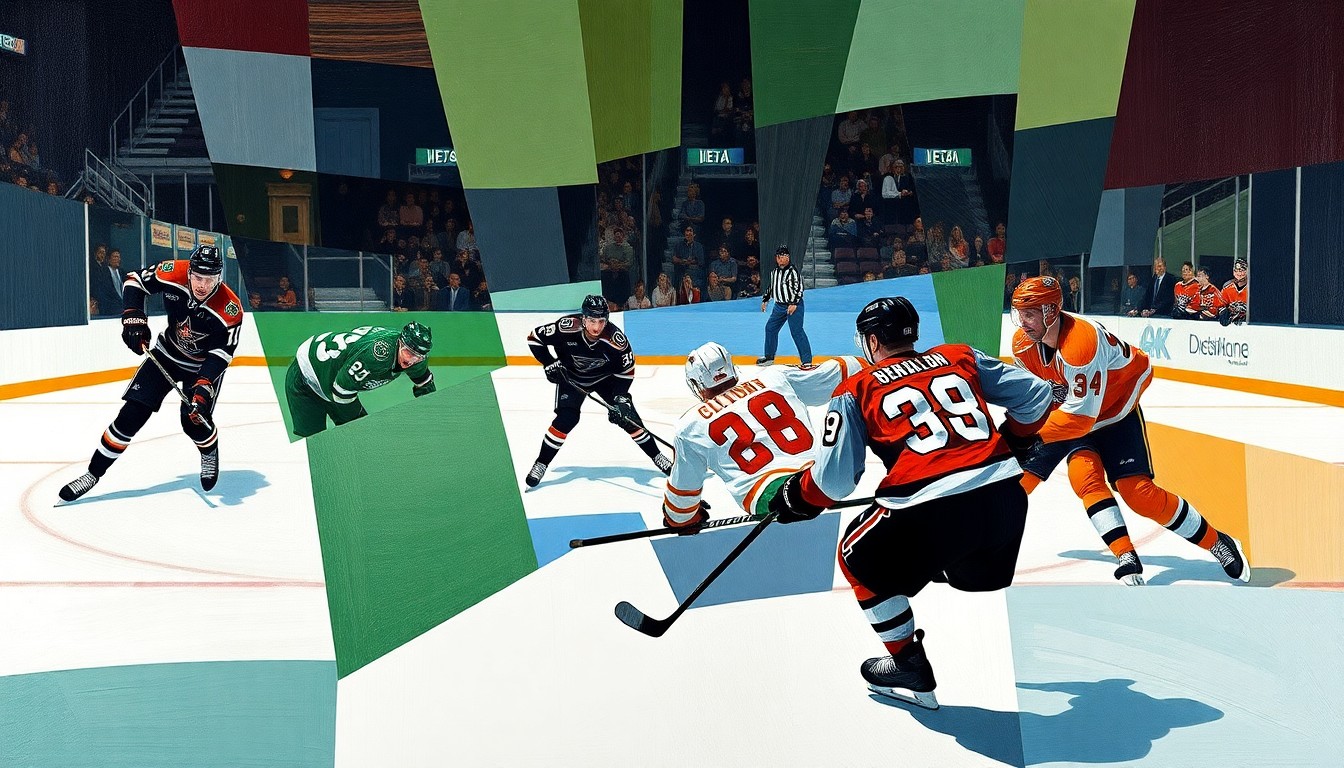 A cubist, geometric painting depicting the intensity and movement of a hockey game between the Dallas Stars and Philadelphia Flyers, with the players' forms fractured and abstracted into sharp, overlapping planes of color.