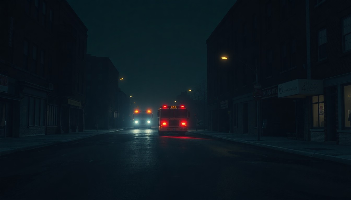 A moody, cinematic painting of an empty city street at night, with the silhouette of a fire truck in the distance casting long shadows, conveying a sense of unease and political tension.
