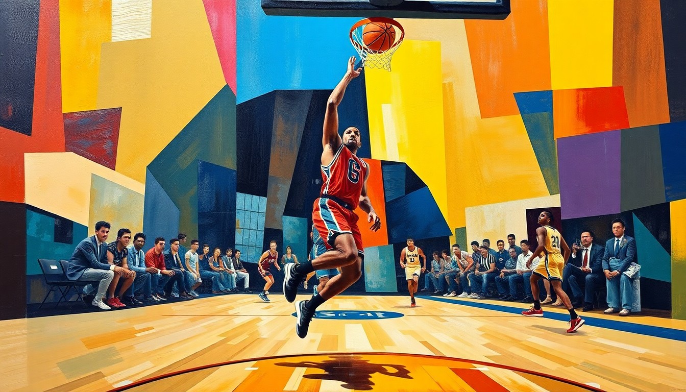 A cubist, geometric painting depicting a basketball player driving to the hoop and drawing a foul, with the player's body and the basketball court fragmented into sharp, overlapping planes of vibrant colors.