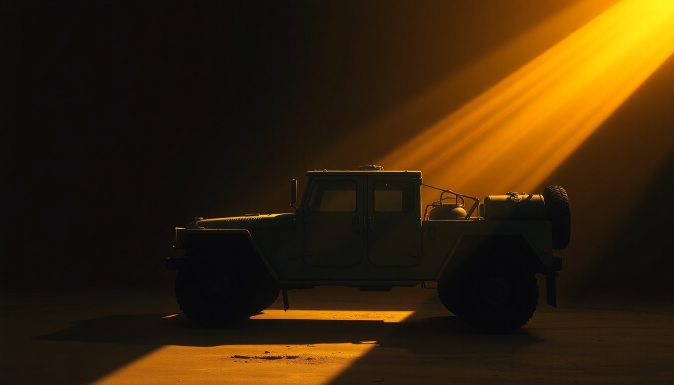 A photorealistic painting in the style of Edward Hopper, depicting a solitary military vehicle or piece of equipment bathed in warm, diagonal sunlight and deep shadows, conveying a sense of quiet contemplation and the growing unease over the direction of the president's foreign policy.