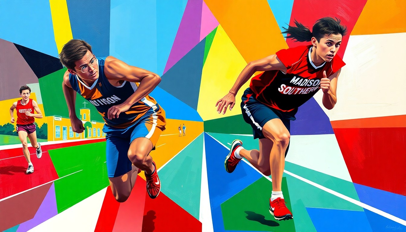 A fragmented, geometric painting depicting a high school track and field competition, with overlapping planes of bright colors representing the athletes and their uniforms.