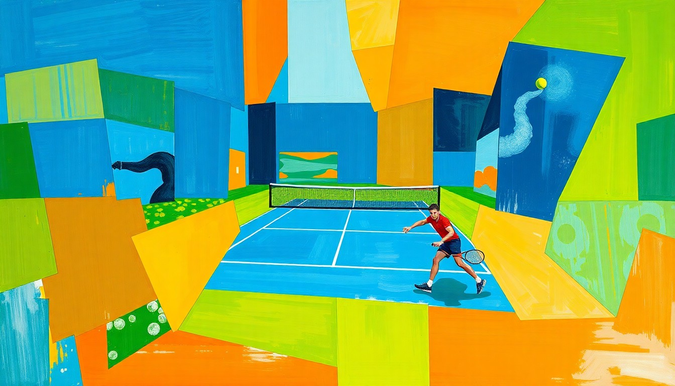 A cubist, geometric painting depicting a tennis match, with the players and court broken down into overlapping planes of vibrant blue, green, and orange colors, conveying the dynamic energy of the championship final.