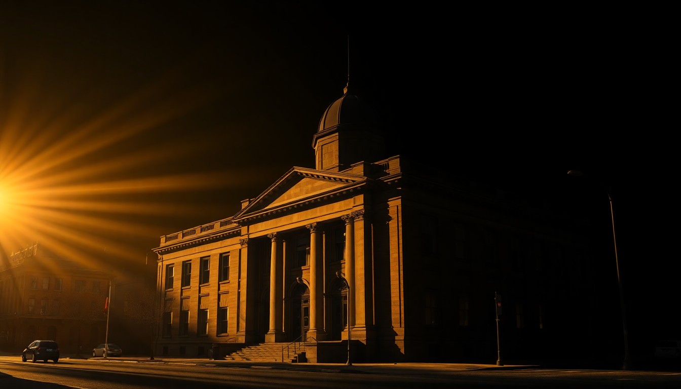 A cinematic painting of a solitary government office building in Cincinnati, with warm sunlight streaming through the windows and deep shadows across the facade, capturing a sense of quiet contemplation around the city's budget woes.