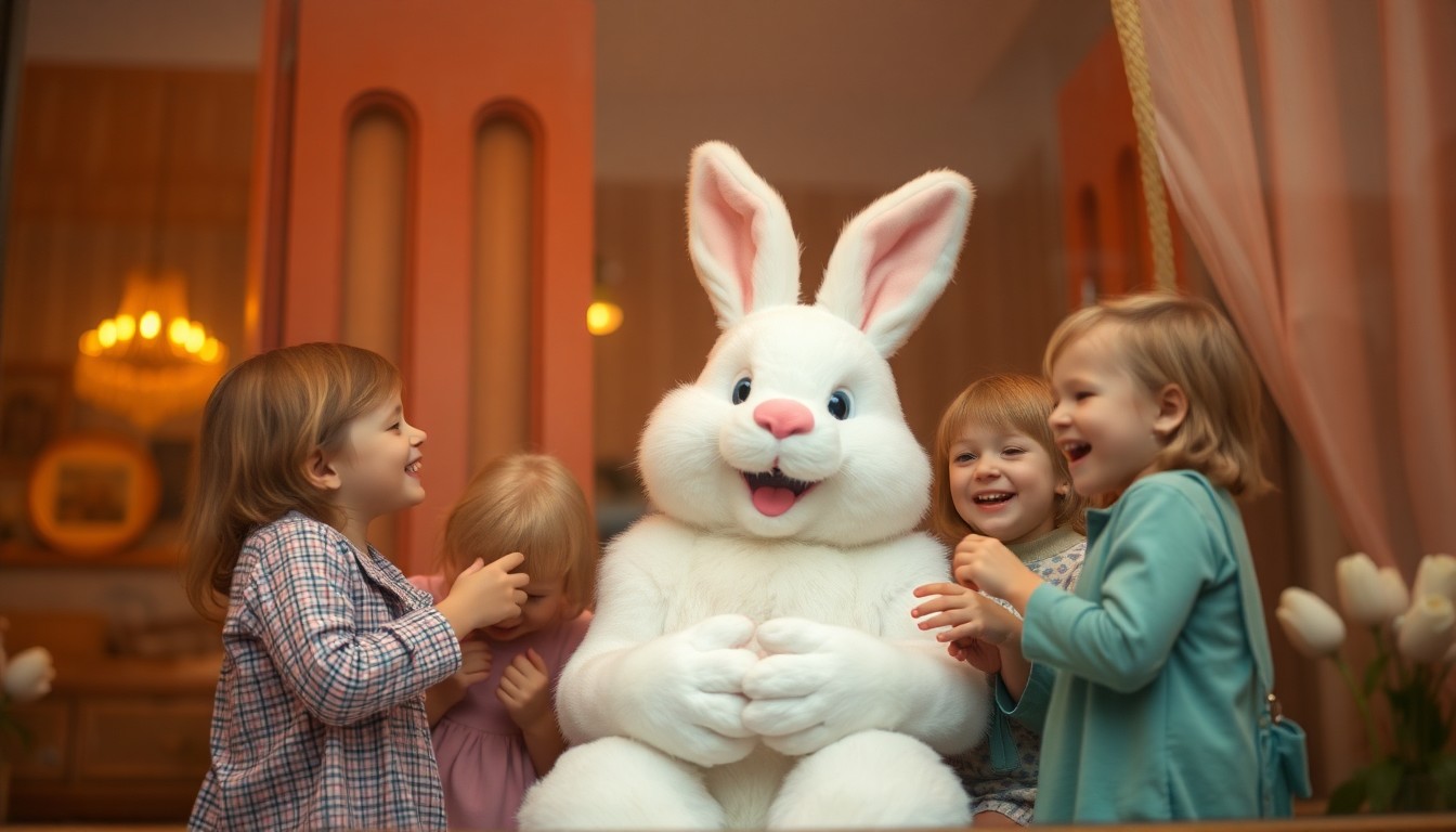 An abstract, impressionistic photograph of children's silhouettes playing with the Easter Bunny, captured through a rain-streaked window in a soft, dreamlike palette of pastel colors.