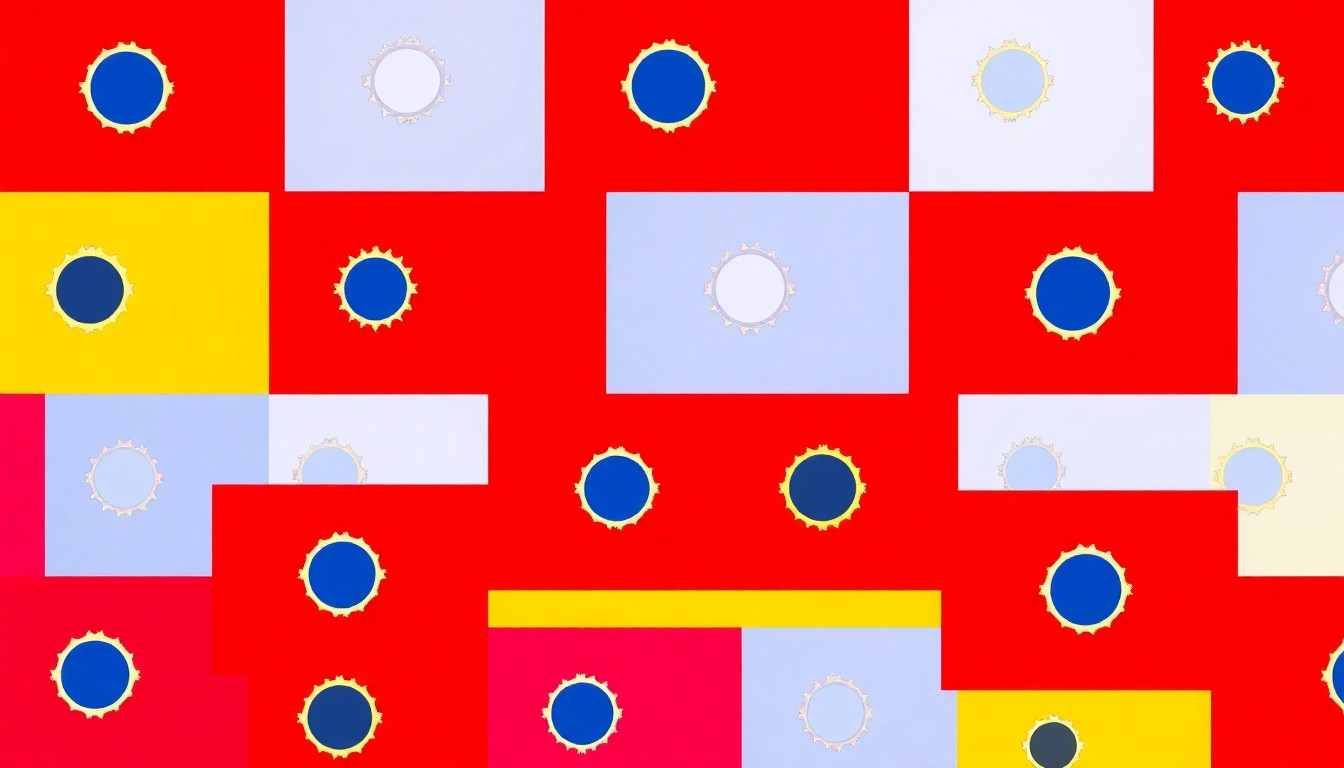 A brightly colored, high-contrast silkscreen print of a vintage Ohio state flag icon repeated in a tight grid pattern, utilizing flat, vibrant, and unnatural neon color palettes overlapping with heavy black photographic outlines to turn an everyday state symbol into modern pop art.