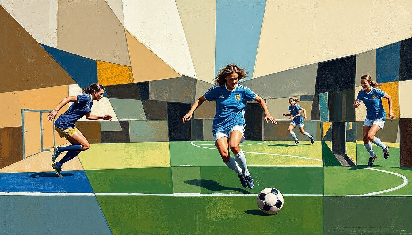 An abstract, cubist-style painting depicting a women's soccer match, with the players' forms broken down into overlapping geometric shapes and planes in muted earth tones and blues.