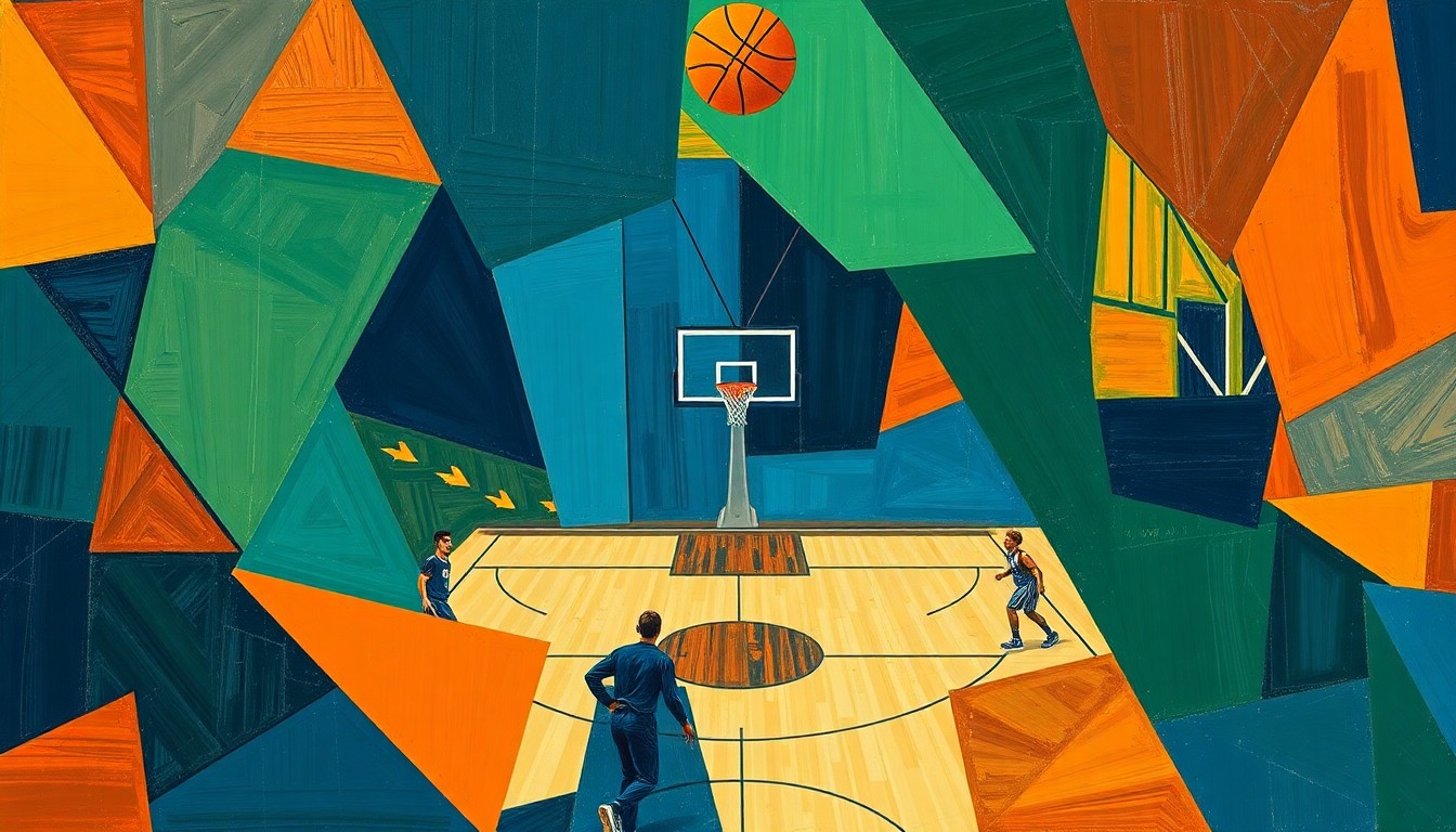 A fragmented, cubist-style painting depicting the intense action and energy of a high school basketball game, with sharp geometric shapes and planes of color representing the players, the court, and the crowd.