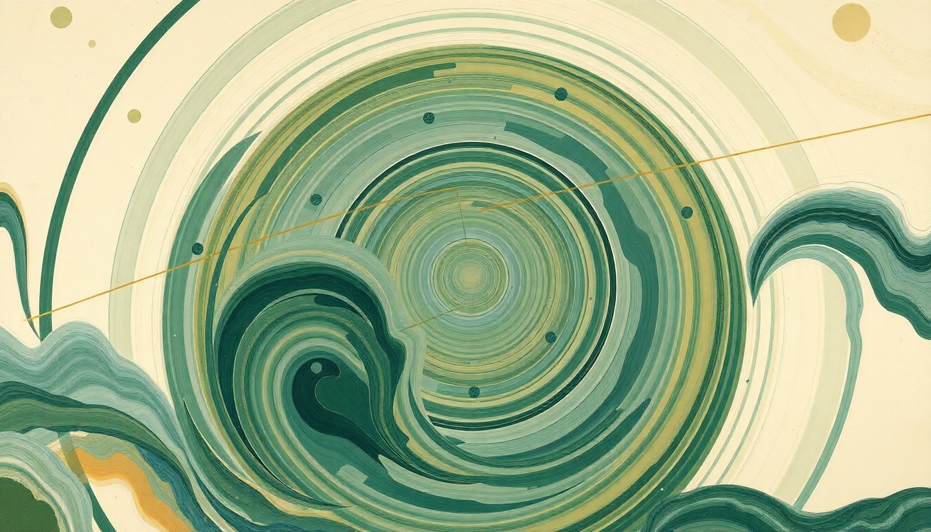 A bold, abstract painting in muted earth tones depicting the complex interplay of water flows, salmon migration, and environmental factors in the Sacramento River ecosystem, using sweeping geometric shapes and precise natural spirals to convey the structural order of the natural world.