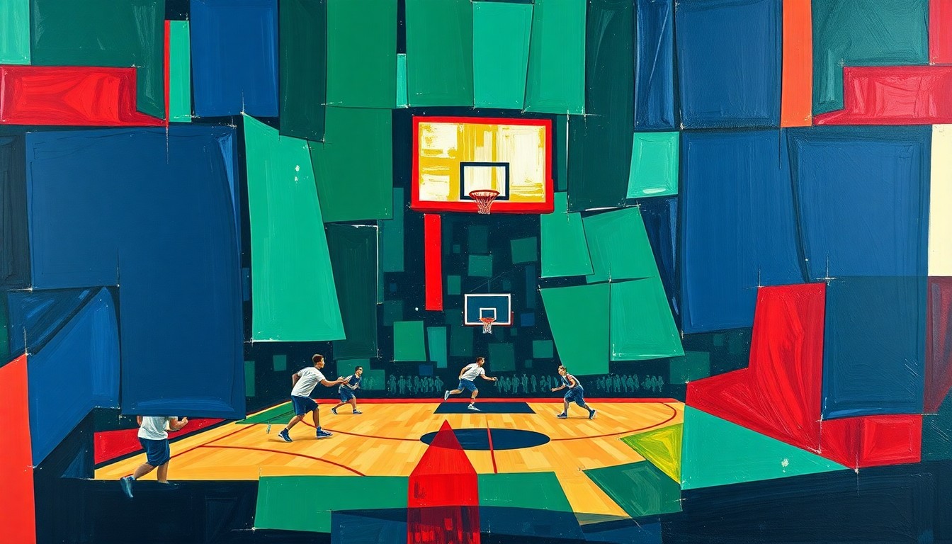 A fragmented, geometric painting depicting the action and intensity of a high school basketball game, with sharp planes of navy, green, and red creating a dynamic, multi-angled composition.