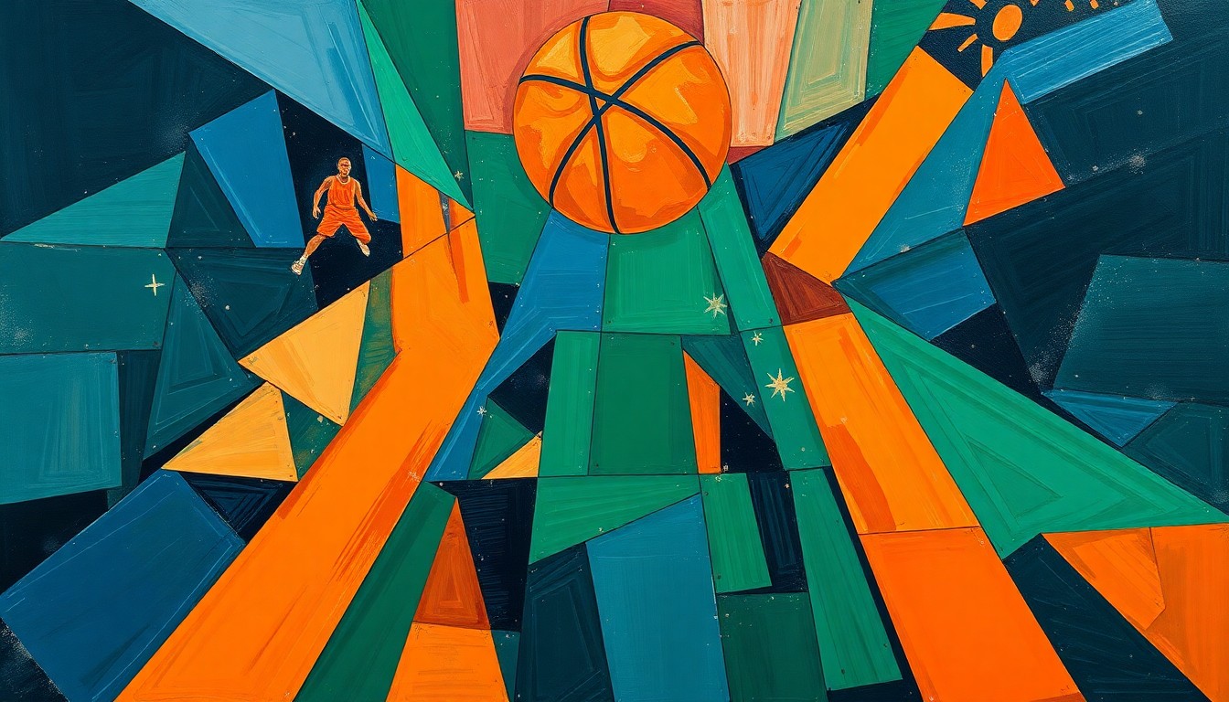 A cubist, geometric painting depicting a basketball game broken down into sharp, overlapping planes of navy, green, and orange, conveying the dynamic energy and history of Butler's basketball program.