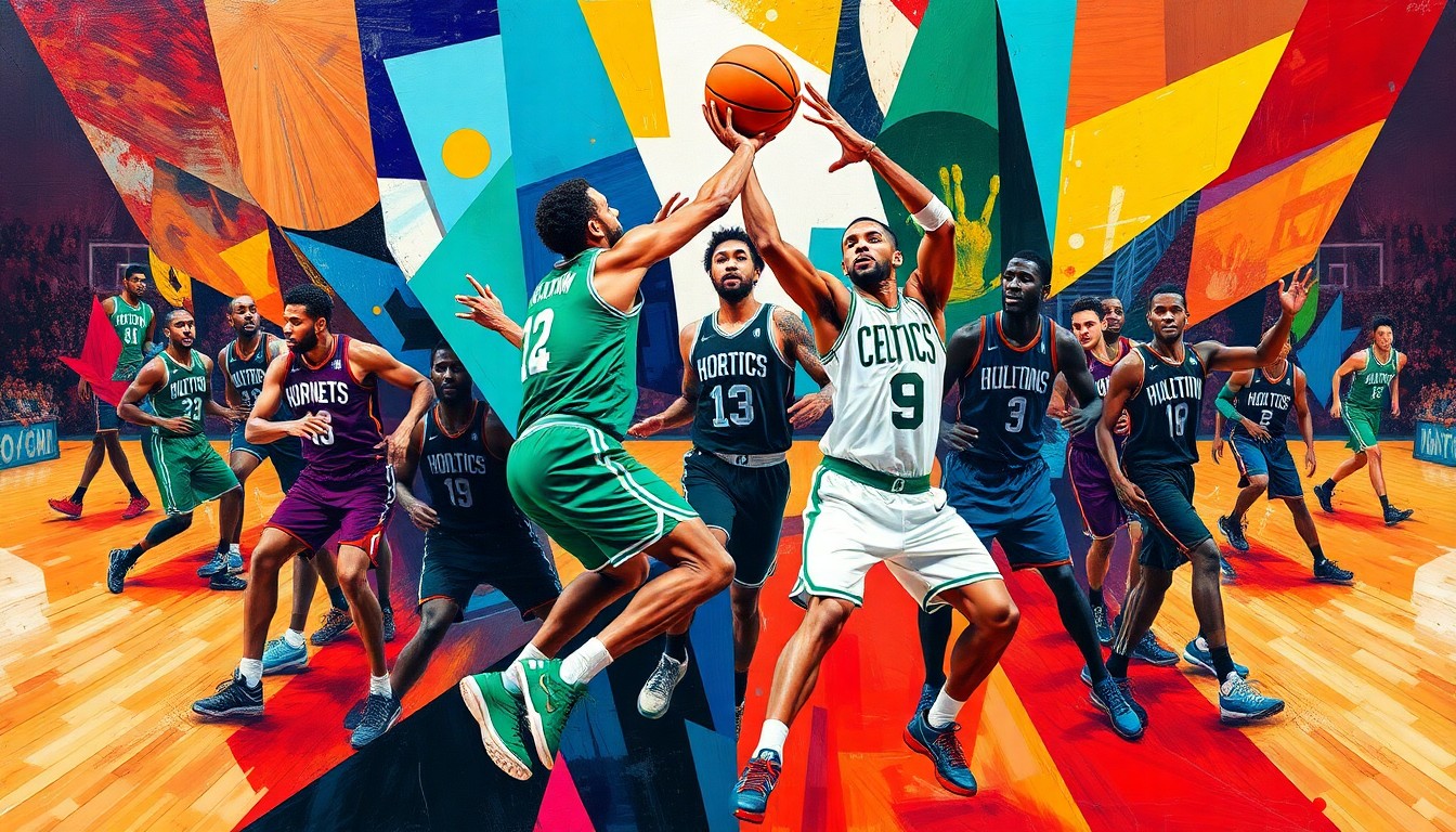 A cubist, geometric painting depicting Jayson Tatum's basketball moves and actions, with sharp, overlapping planes in the vibrant colors of the Celtics and Hornets uniforms, capturing the energy and dynamism of the game.