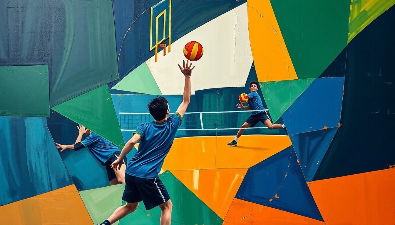 A fragmented, geometric painting depicting a boys volleyball match, with sharp planes of navy, green, and orange intersecting to create a dynamic, abstract visual representation of the sport.