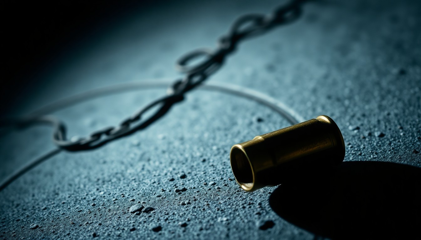 An extreme close-up of a shiny brass shell casing resting on a rough concrete surface, dramatically lit by a harsh camera flash to create a stark, gritty aesthetic.