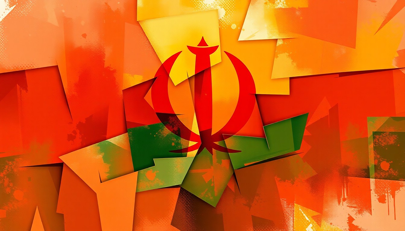 A fractured, abstract painting of an Iranian flag or political symbol in warm hues of red, orange, and yellow, conveying a sense of motion and unrest through overlapping geometric shapes and brushstrokes.