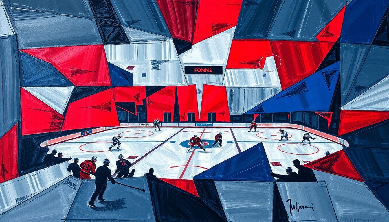 A fractured, cubist-style painting depicting the action of a hockey game, with sharp geometric shapes and planes of navy, red, and gray representing the players, puck, and arena. The abstract, deconstructed style captures the dynamic energy and high stakes of the matchup between the two teams.