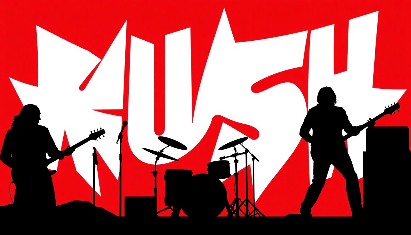 A striking abstract illustration featuring bold, jagged geometric shapes in red and white, conceptually representing the iconic Rush logo and musical instruments.