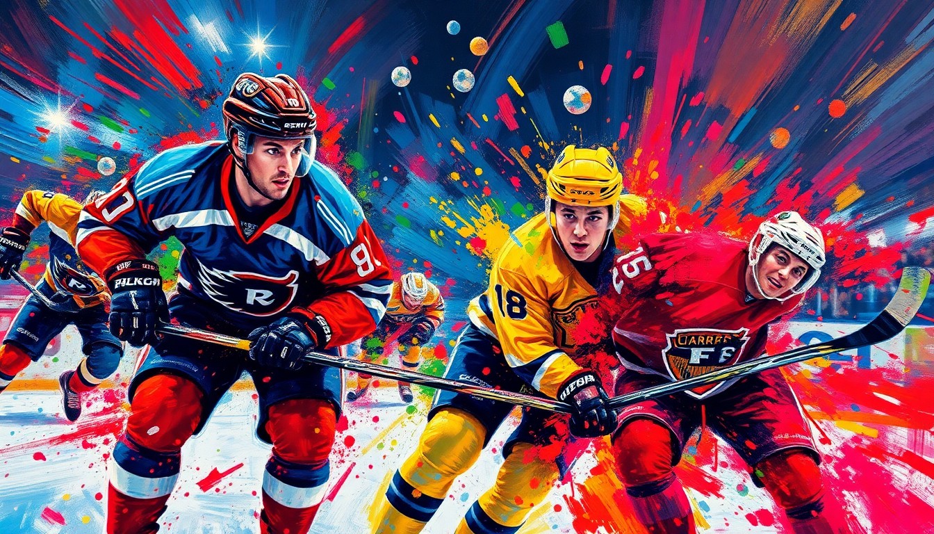 An abstract, expressionist painting featuring bold, neon-colored brushstrokes that capture the frenetic energy and movement of a hockey game, with players' forms blending together in a dynamic, vibrant composition.