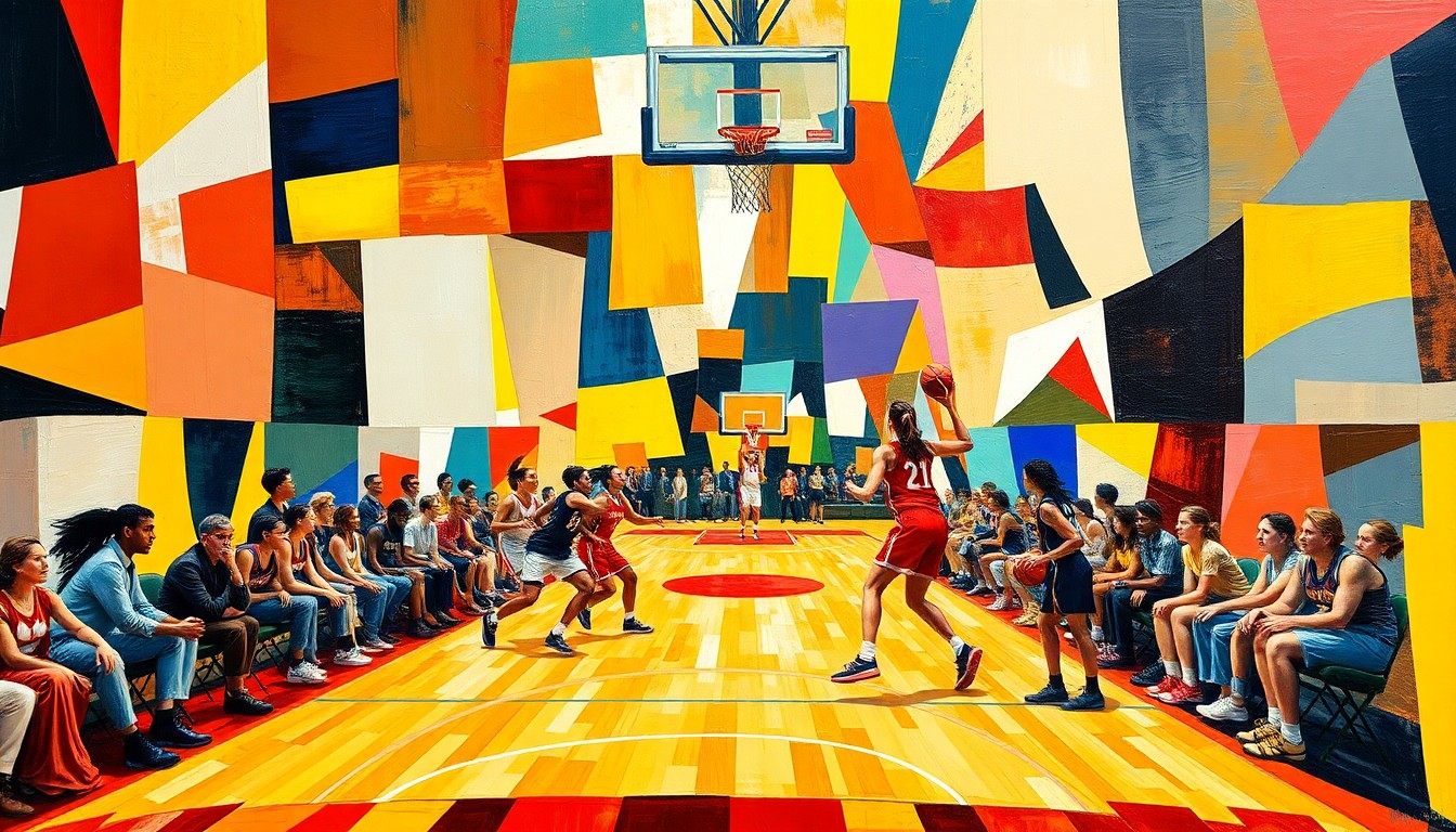 A cubist, geometric painting depicting the dynamic action of a women's basketball game, with the competing teams' colors blending together in an abstract, fragmented composition.