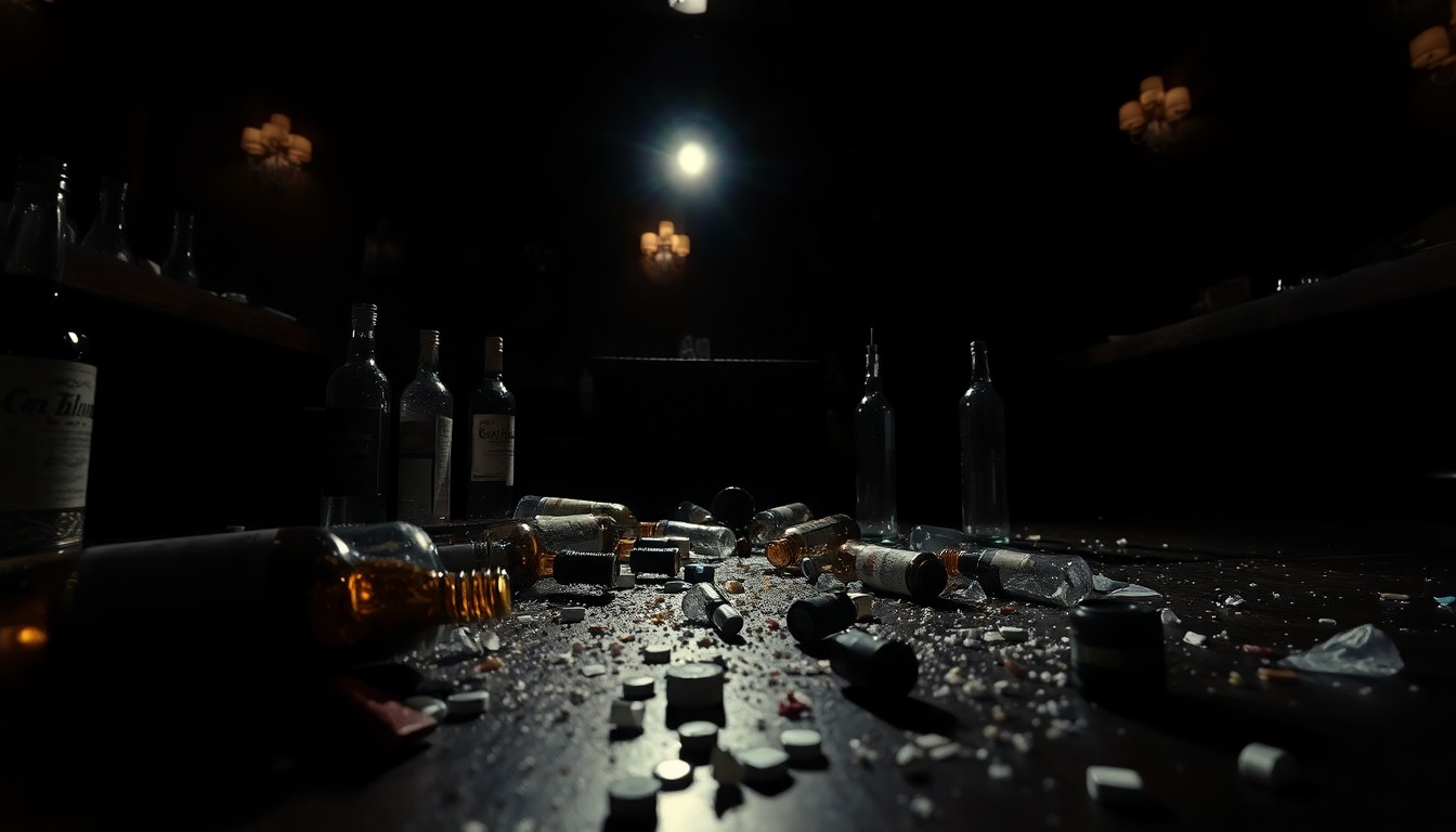 An extreme close-up photograph of shattered liquor bottles and scattered debris on the floor of a restaurant, creating a stark, gritty, investigative aesthetic.