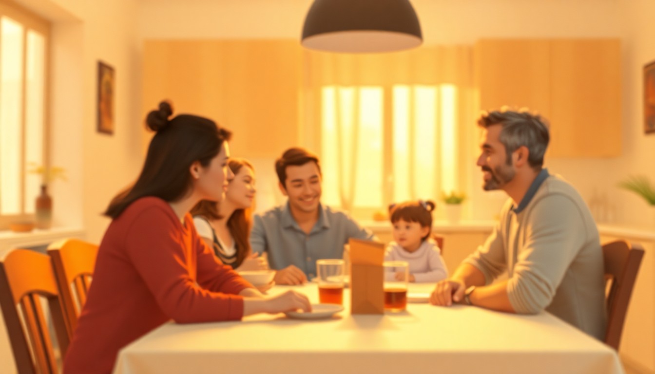 An extremely abstracted, out-of-focus photograph of a family gathered around a kitchen table, with soft, warm pools of light and color creating a sense of domestic comfort and stability.