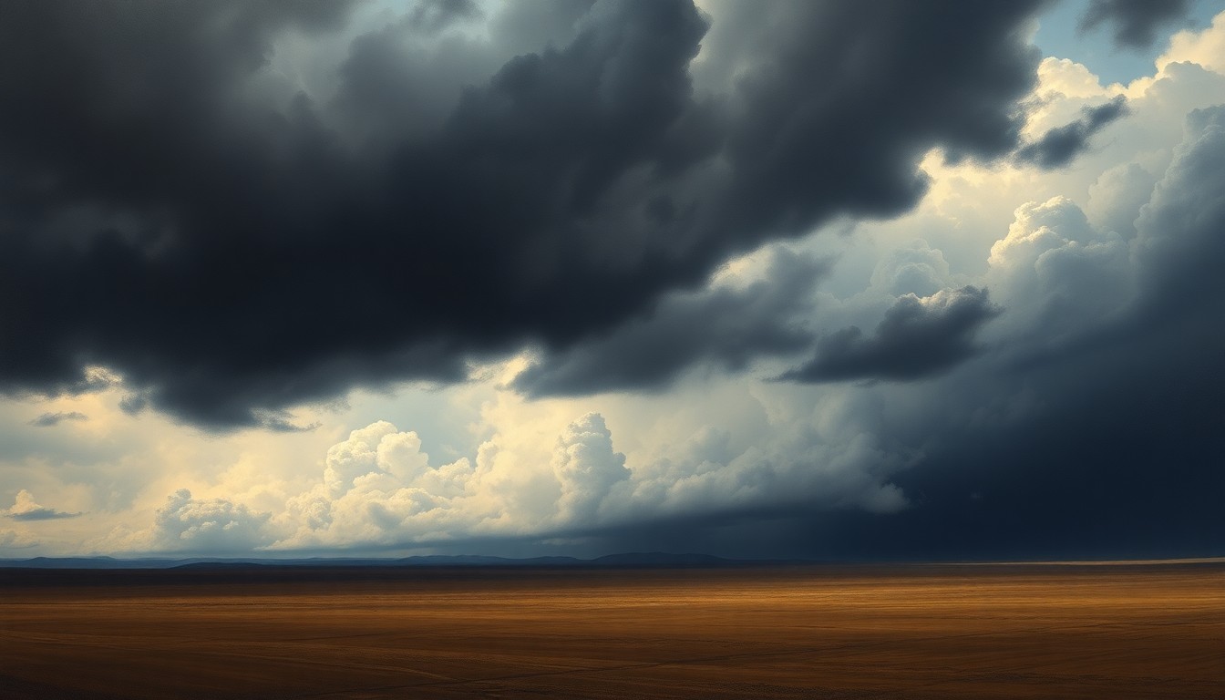 A dramatic, atmospheric landscape painting in muted tones of gray, blue, and green, depicting an expansive, ominous sky filled with dark, swirling clouds looming over a flat, desolate plain, conveying the overwhelming scale and power of an approaching storm system.