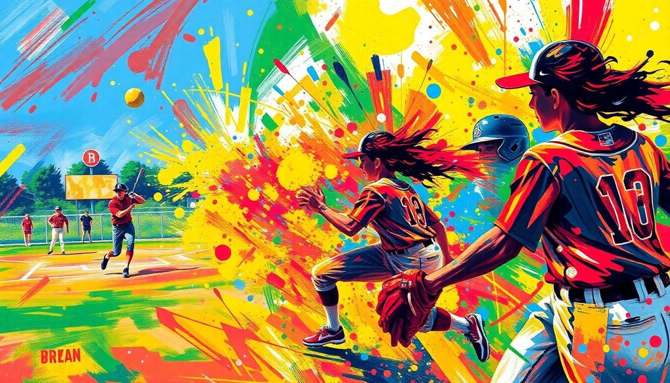 An abstract, expressionist painting in vibrant neon colors, with dynamic brushstrokes and fragmented forms representing the high-energy action of a high school softball game.