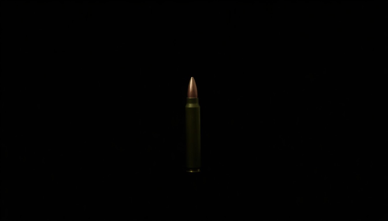 An extreme close-up photograph of a single 5.56mm NATO bullet casing against a pitch-black background, conceptually illustrating the scale and gravity of the alleged theft of military ammunition.